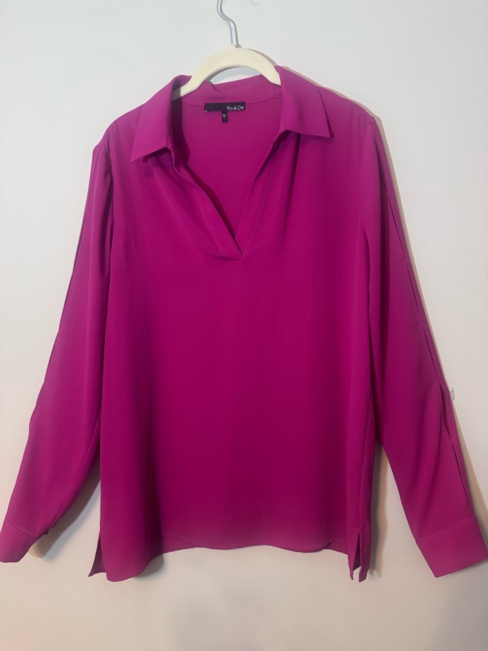 Ro & De Womens Fuchsia Split-Neck Blouse Size L Office Career Professional